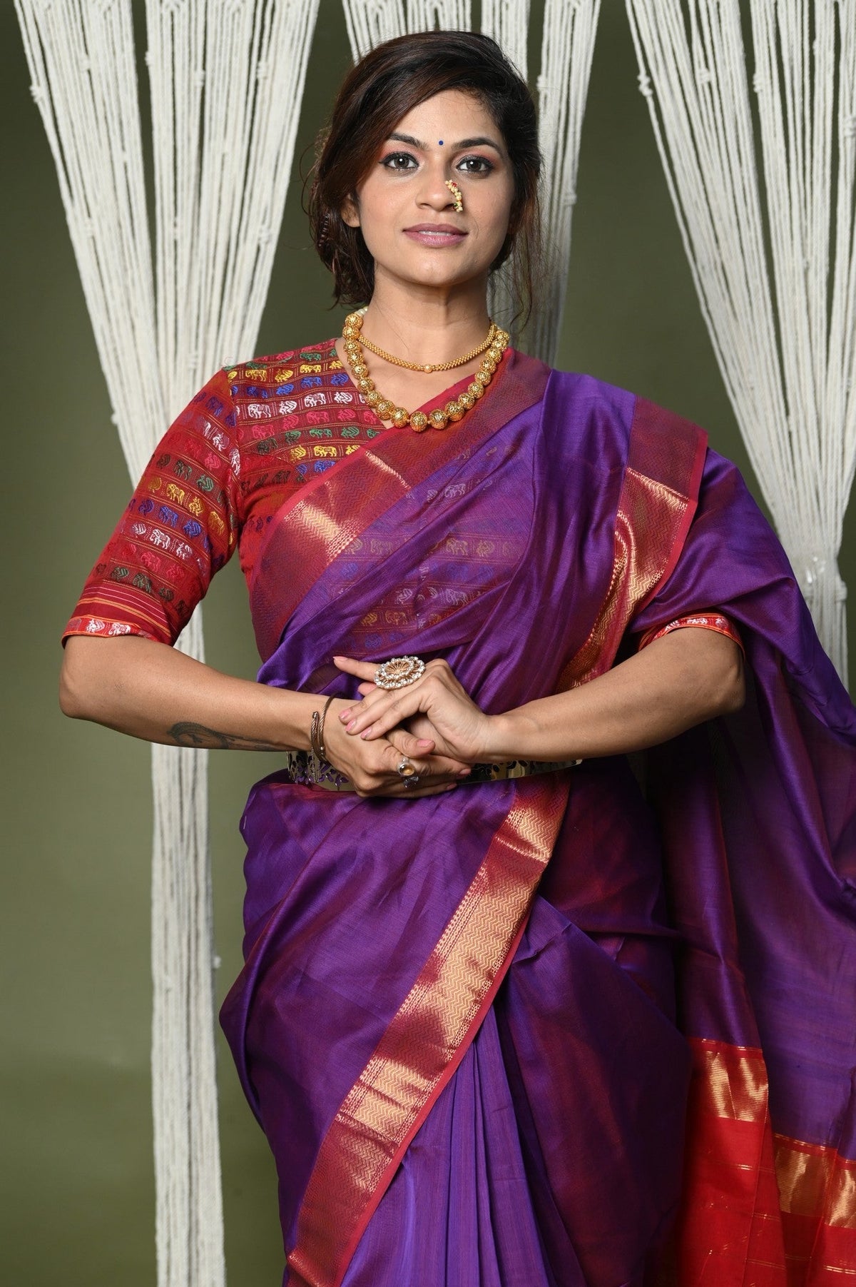 Very Much Indian Handloom Cotton Silk Saree With Sleek Golden Border - purple | Grocsy