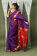 Very Much Indian Handloom Cotton Silk Saree With Sleek Golden Border - purple | Grocsy