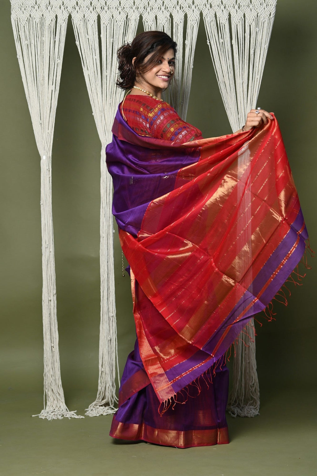 Very Much Indian Handloom Cotton Silk Saree With Sleek Golden Border - purple | Grocsy