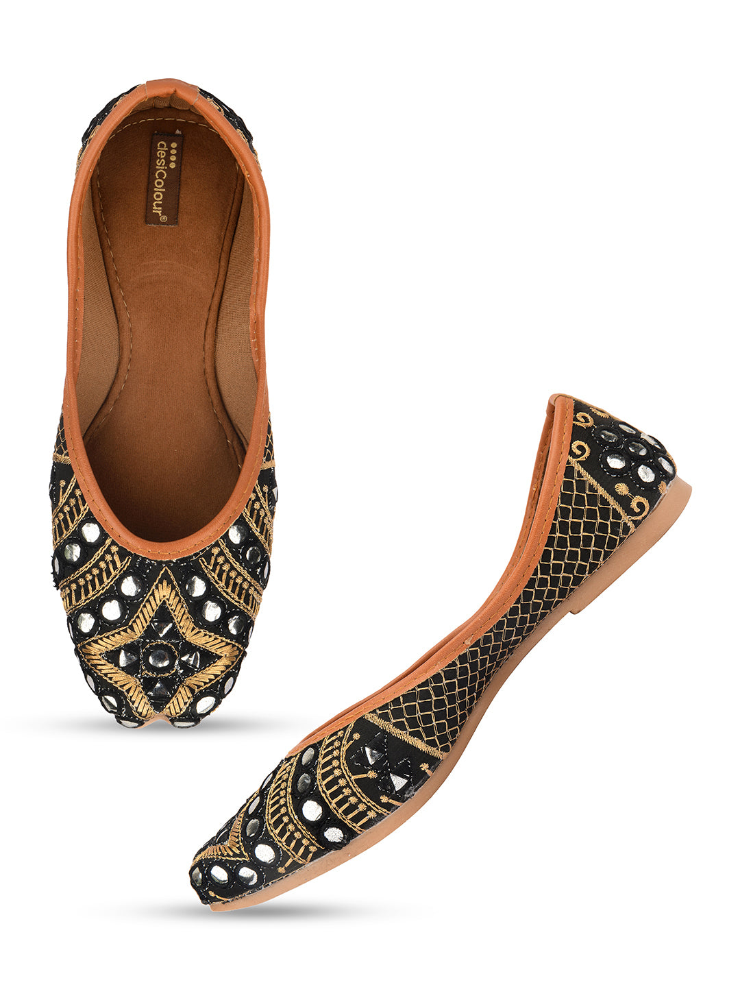 Desi Colour Women Indian Ethnic Footwear-Mini Dabka-Black Mirror | Grocsy