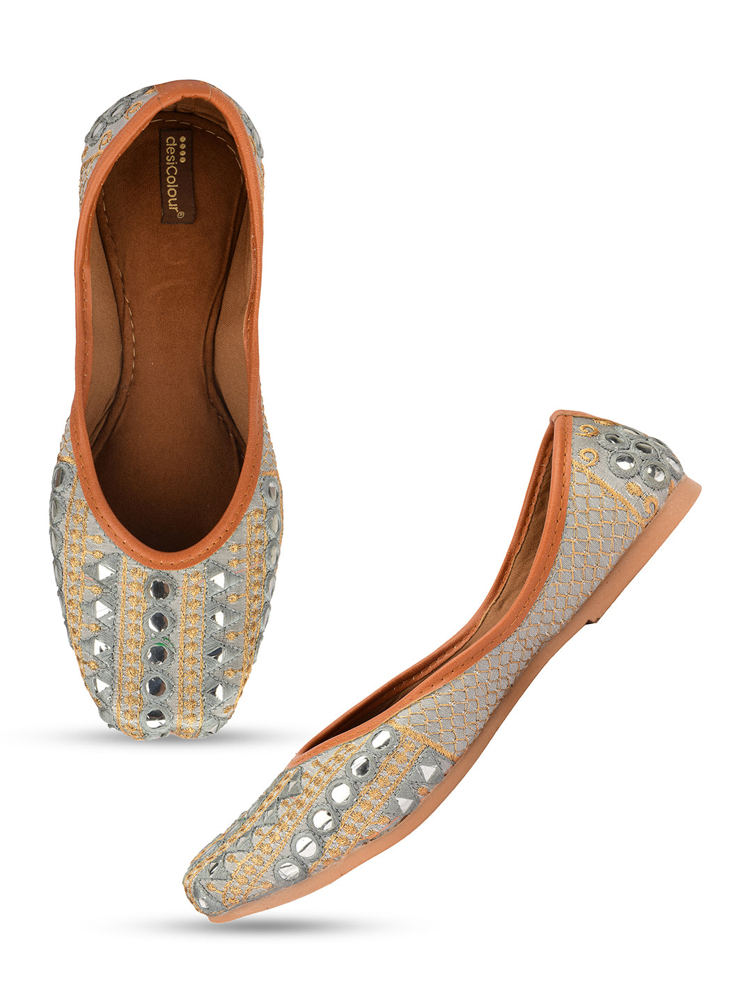 Desi Colour Women Indian Ethnic Footwear-Mini Dabka-Grey Mirror Lines | Grocsy
