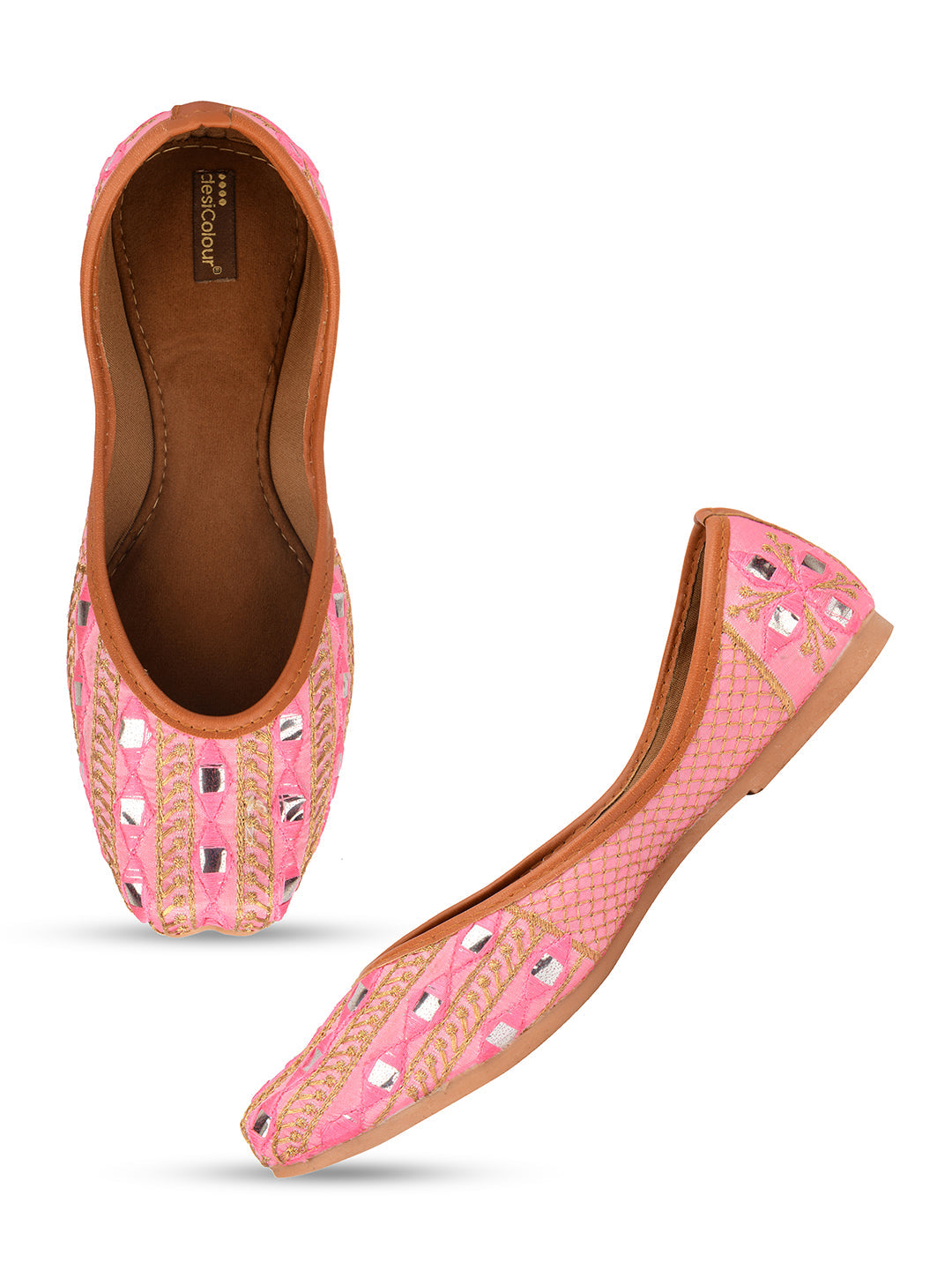 Desi Colour Women Indian Ethnic Footwear-Mini Dabka-Pink Mirror Lines | Grocsy