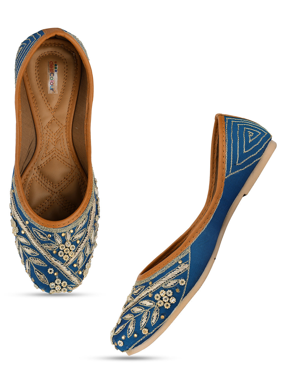 Desi Colour Women Indian Ethnic Footwear-Teal Dabka | Grocsy