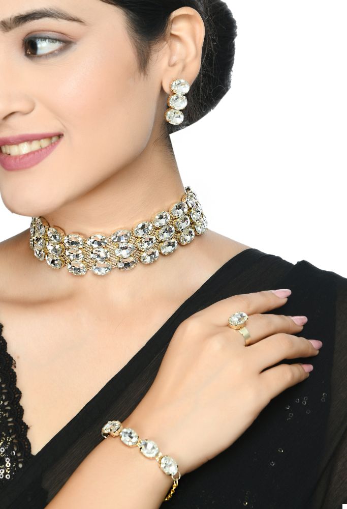 Mominos Fashion Johar Kamal Gold-Polished Finish Stone Choker For Women (White) | Grocsy
