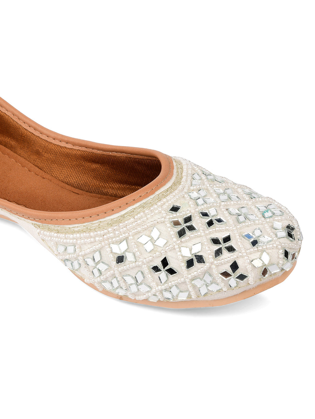 Desi Colour Women Indian Ethnic Footwear-Women's White Ethnic Mirror Mojari | Grocsy
