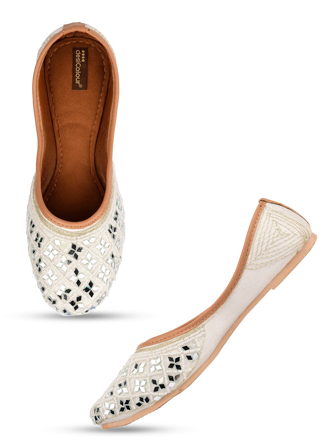 Desi Colour Women Indian Ethnic Footwear-Women's White Ethnic Mirror Mojari | Grocsy
