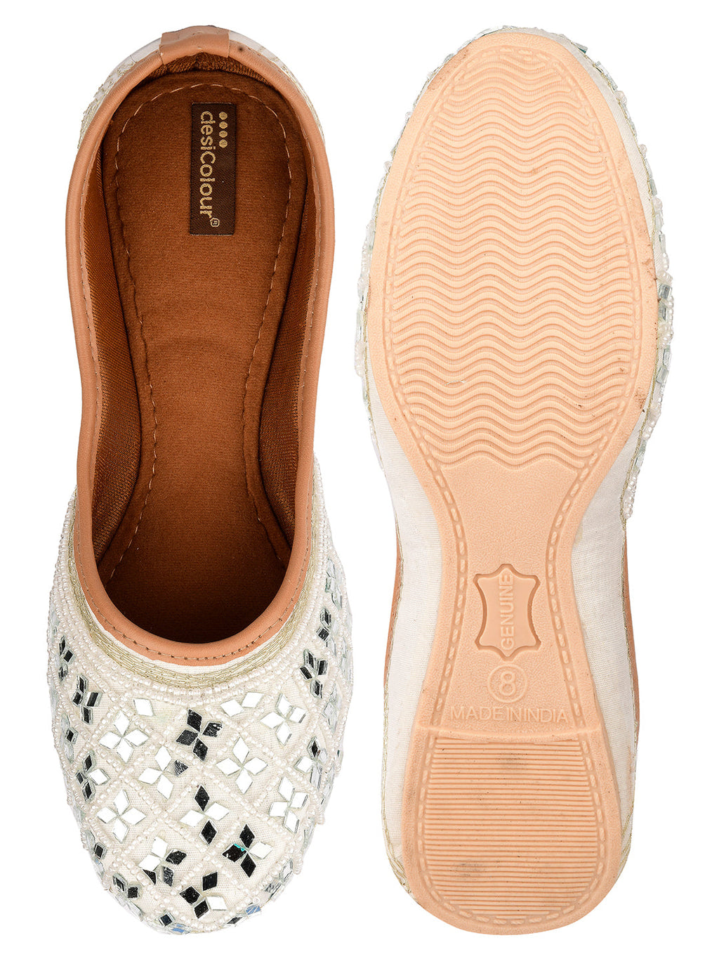 Desi Colour Women Indian Ethnic Footwear-Women's White Ethnic Mirror Mojari | Grocsy