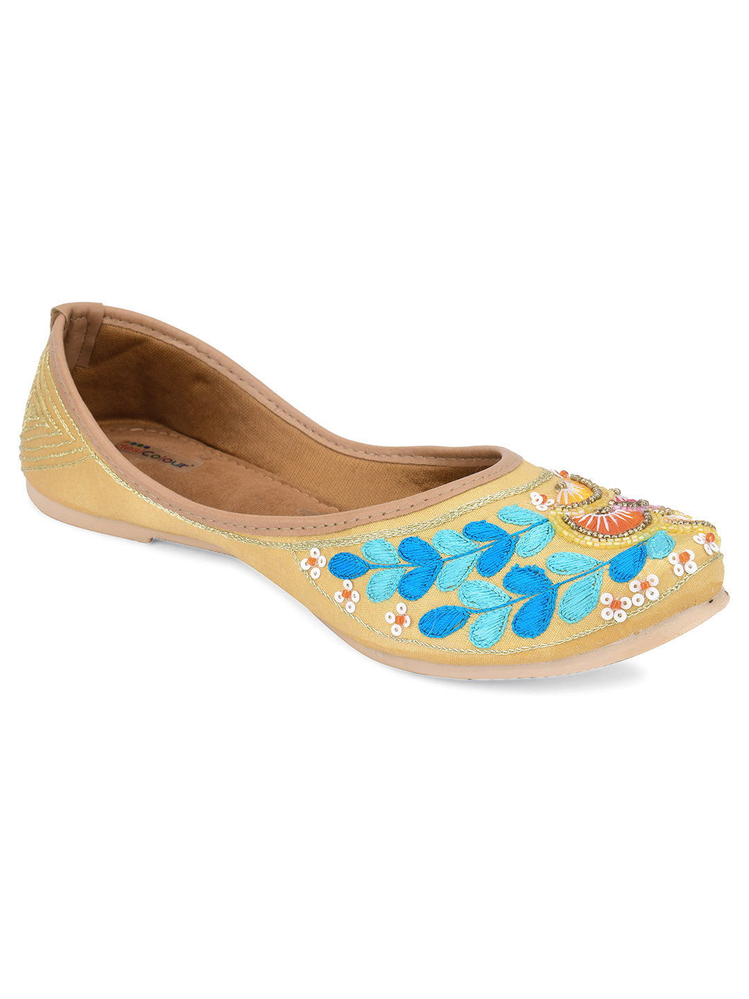 Desi Colour Women Indian Ethnic Footwear-Gold Firoji Emb | Grocsy