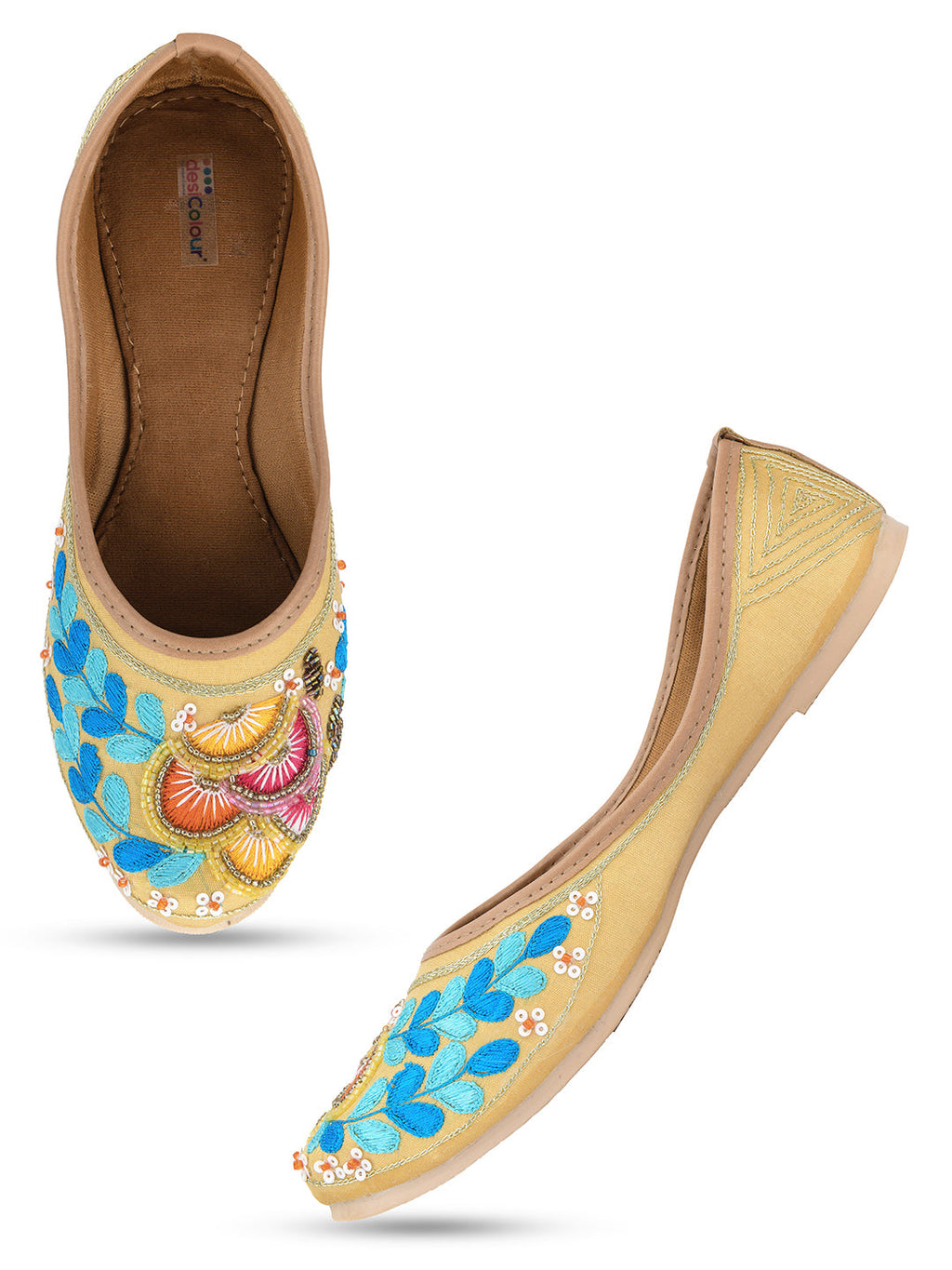 Desi Colour Women Indian Ethnic Footwear-Gold Firoji Emb | Grocsy