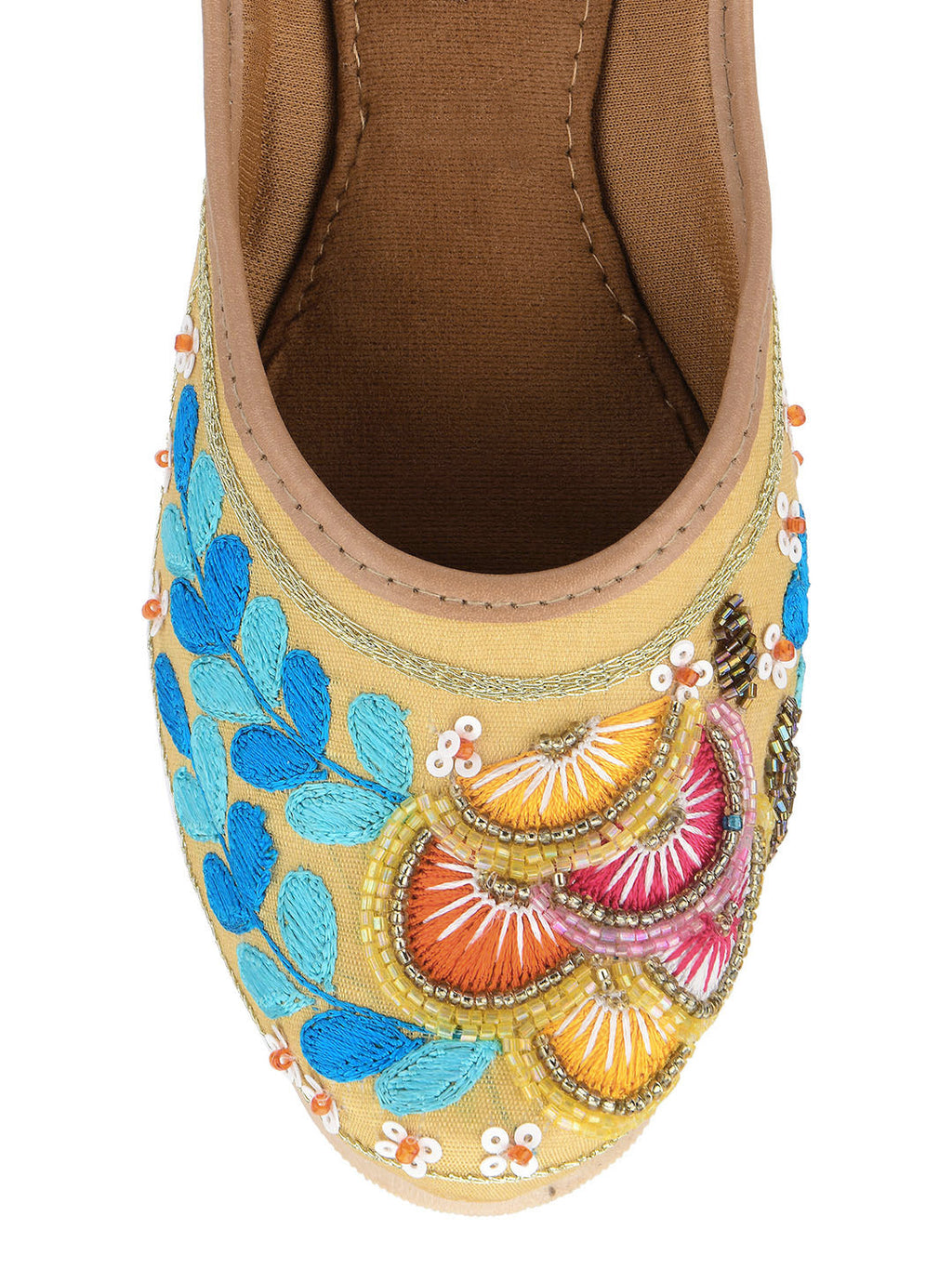 Desi Colour Women Indian Ethnic Footwear-Gold Firoji Emb | Grocsy