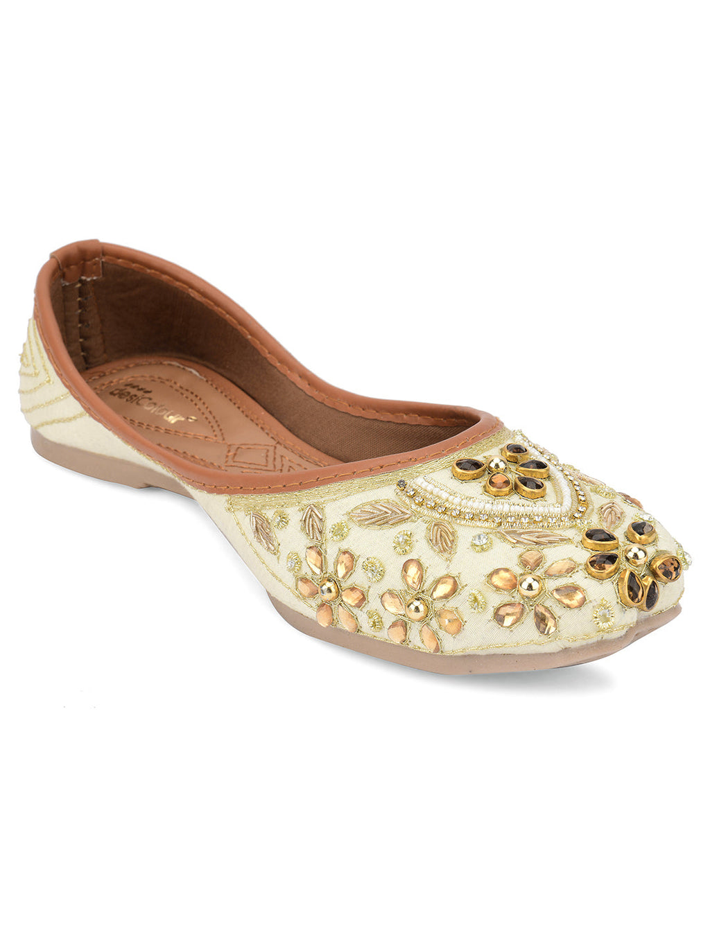 Desi Colour Women Indian Ethnic Footwear-Off White Dabka Stone | Grocsy
