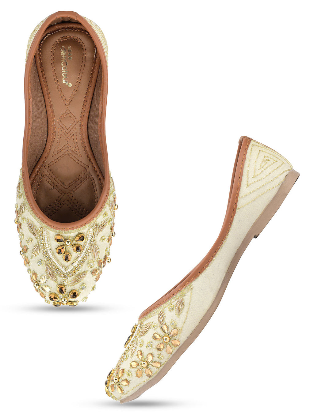 Desi Colour Women Indian Ethnic Footwear-Off White Dabka Stone | Grocsy