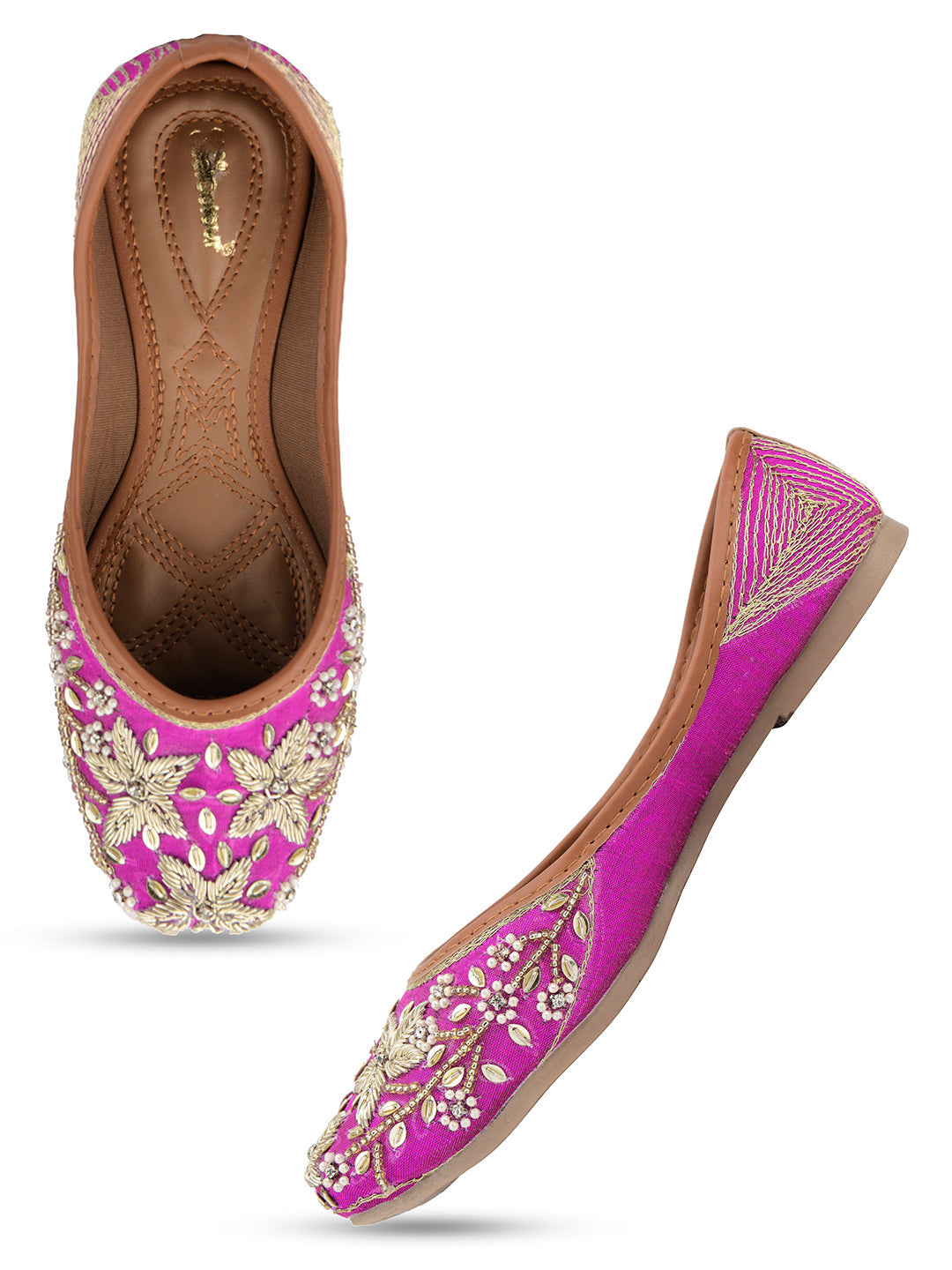 Desi Colour Women Indian Ethnic Footwear-Pink Dabka Floral | Grocsy