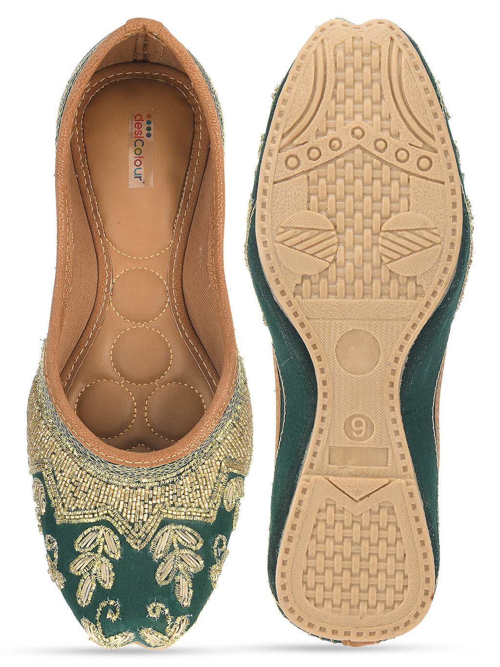 Desi Colour Women Indian Ethnic Footwear-Party Wear Green Dabka Work | Grocsy