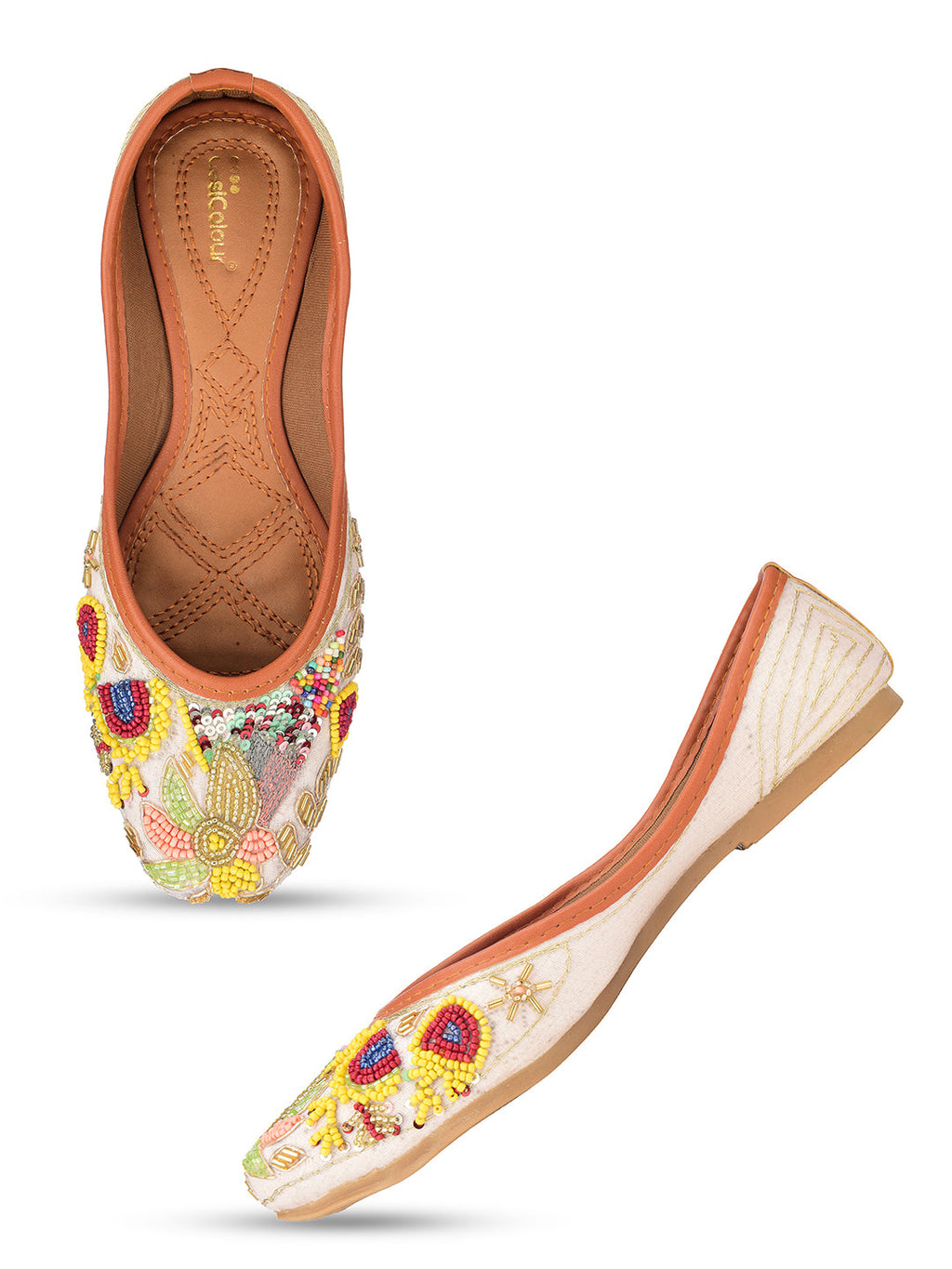 Desi Colour Women Indian Ethnic Footwear-Party Wear White Multicolour Pear Work | Grocsy