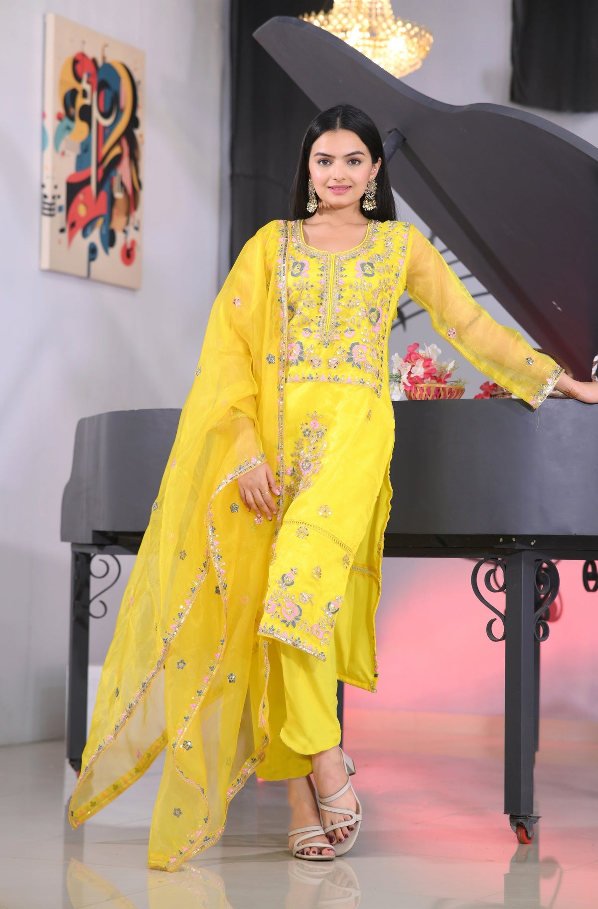 Teeya Creation Lemon Yellow Color Organza Silk Heavy Embroidery Work Fully Stitched Salwar Suit | Grocsy