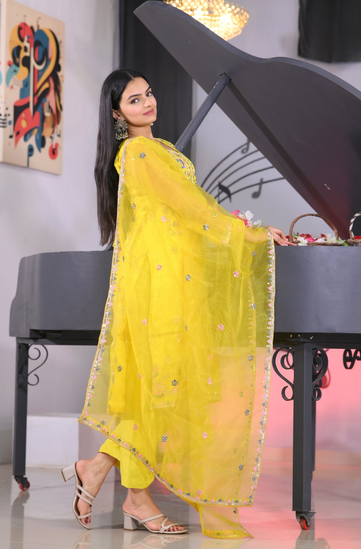 Teeya Creation Lemon Yellow Color Organza Silk Heavy Embroidery Work Fully Stitched Salwar Suit | Grocsy