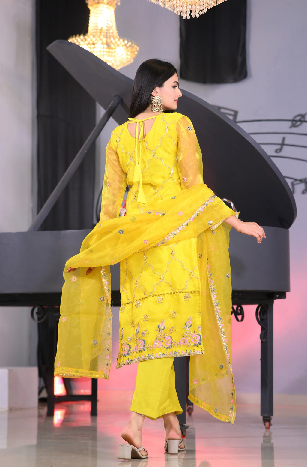 Teeya Creation Lemon Yellow Color Organza Silk Heavy Embroidery Work Fully Stitched Salwar Suit | Grocsy