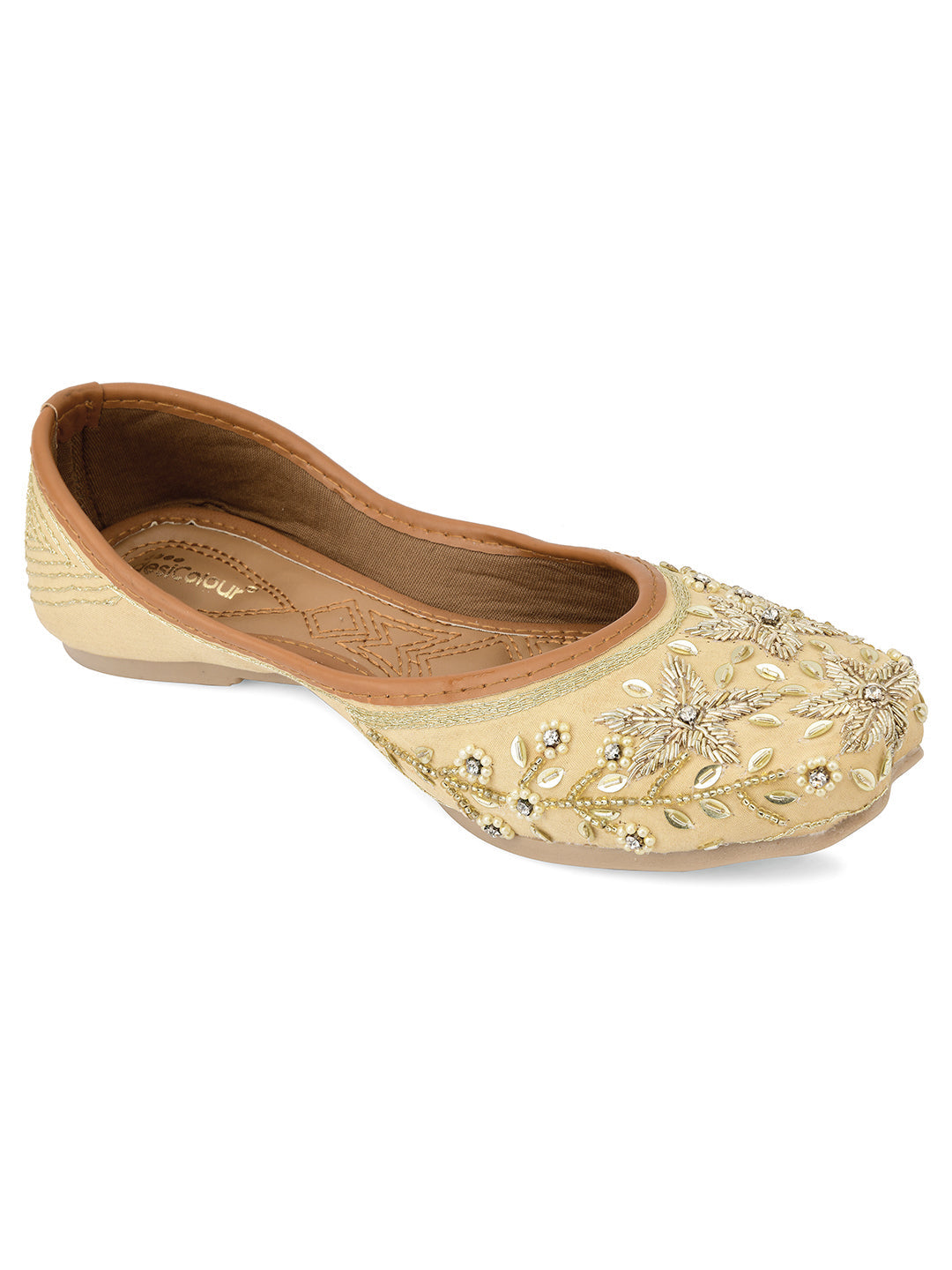 Desi Colour Women Indian Ethnic Footwear-Gold Dabka Flower | Grocsy