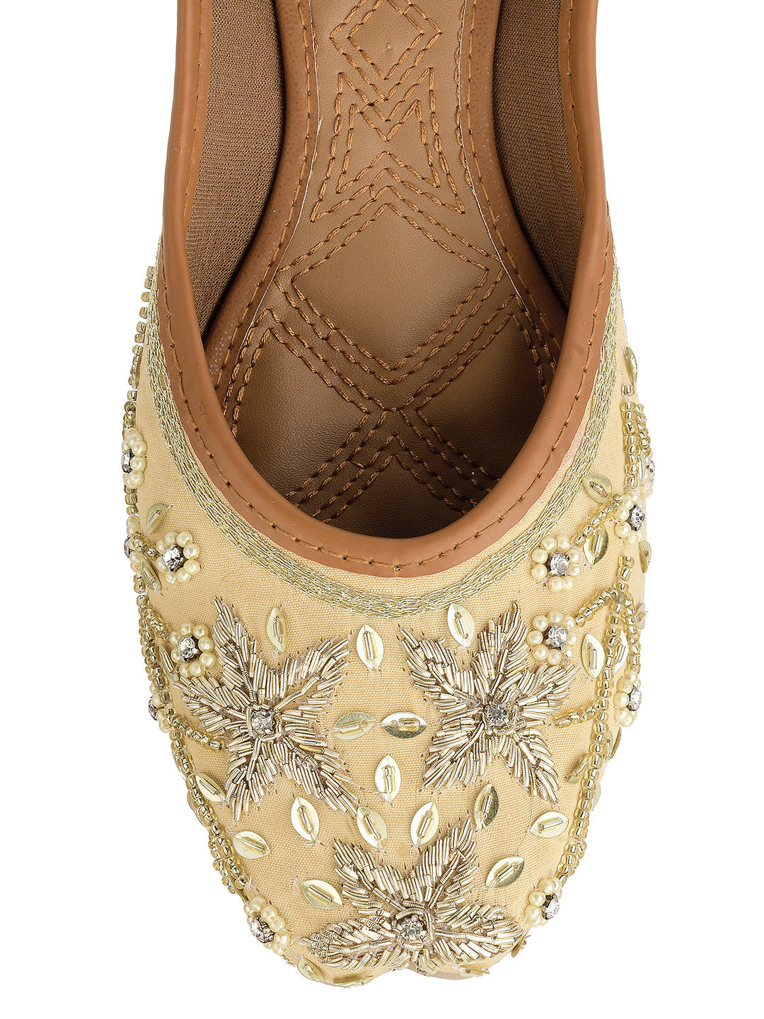 Desi Colour Women Indian Ethnic Footwear-Gold Dabka Flower | Grocsy