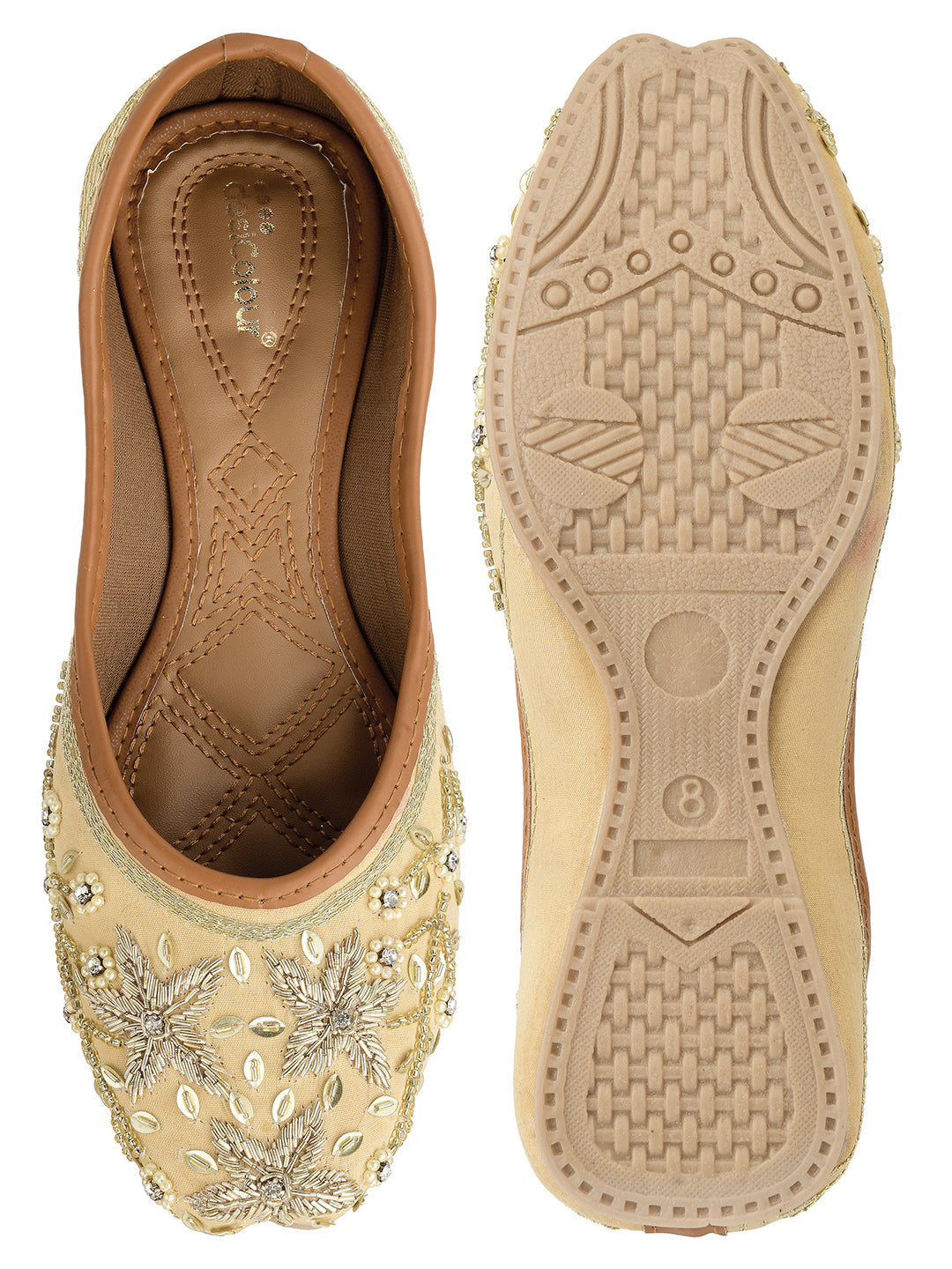 Desi Colour Women Indian Ethnic Footwear-Gold Dabka Flower | Grocsy