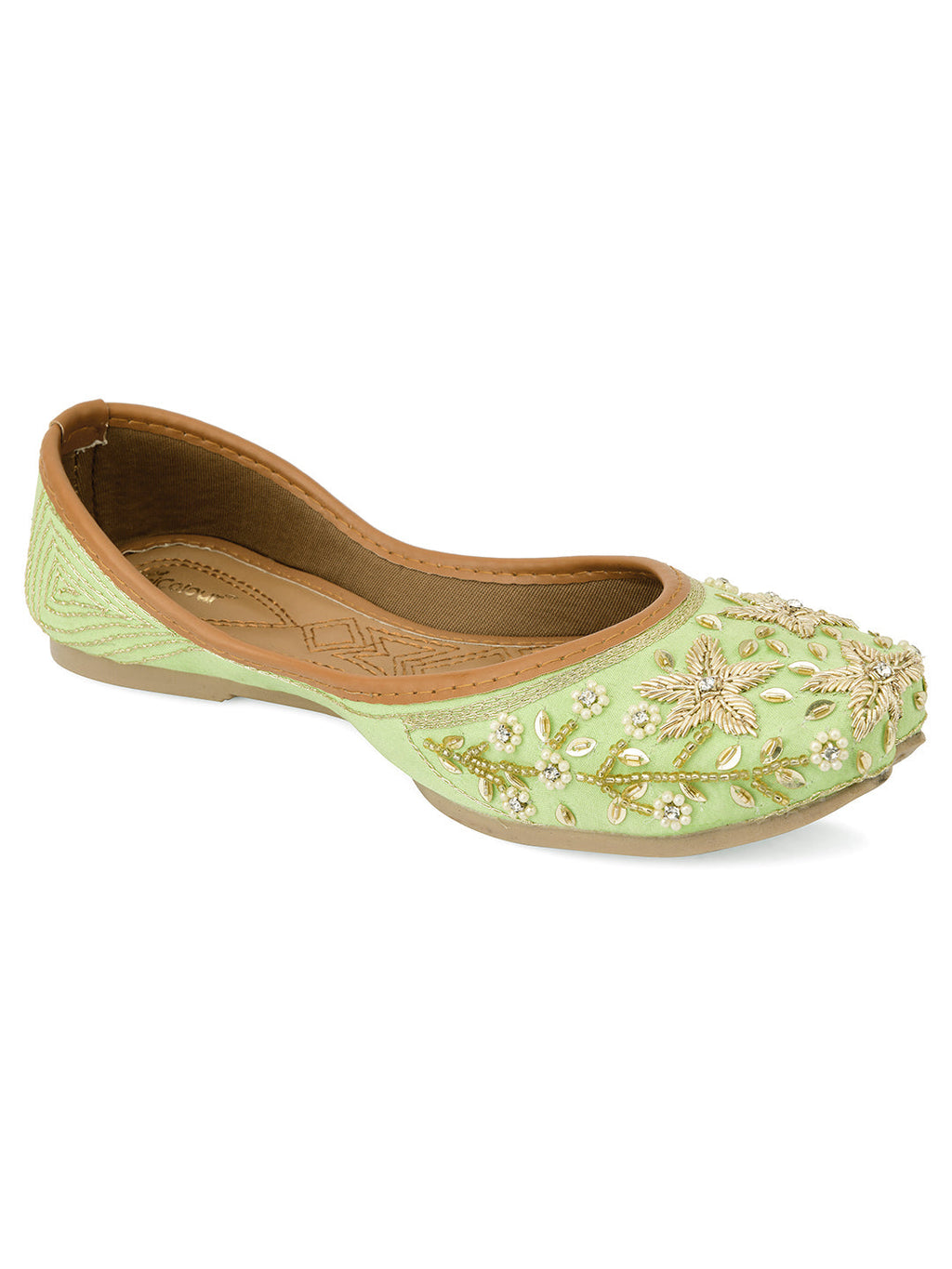 Desi Colour Women Indian Ethnic Footwear-Sea Green Dabka Flower | Grocsy
