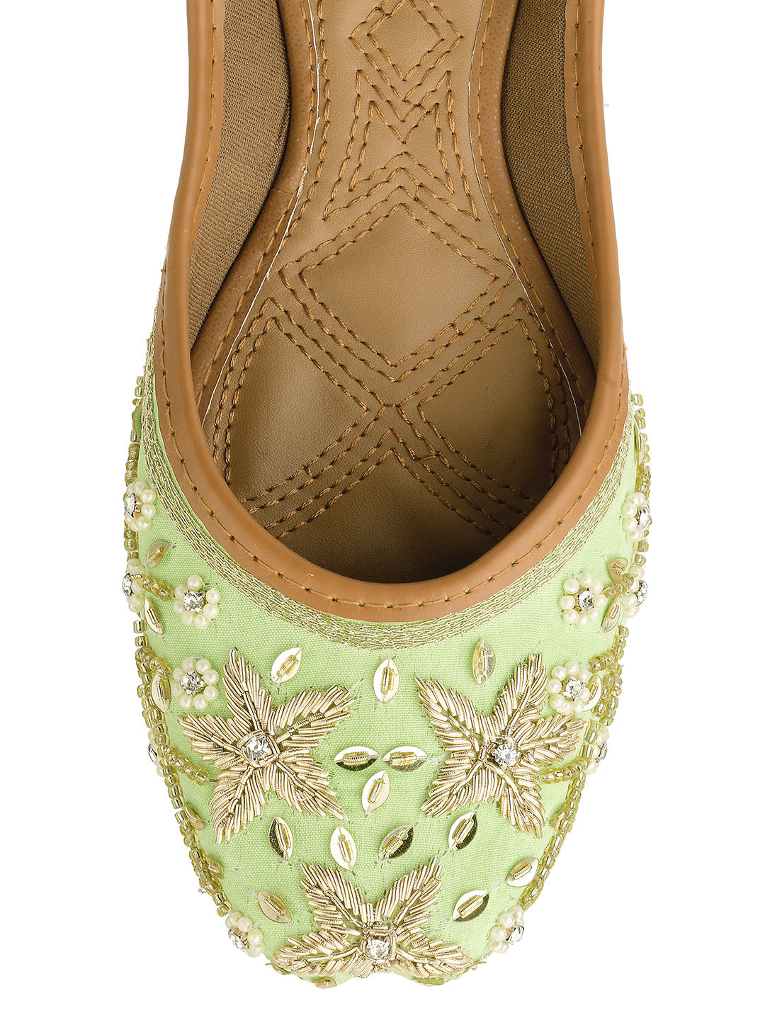 Desi Colour Women Indian Ethnic Footwear-Sea Green Dabka Flower | Grocsy