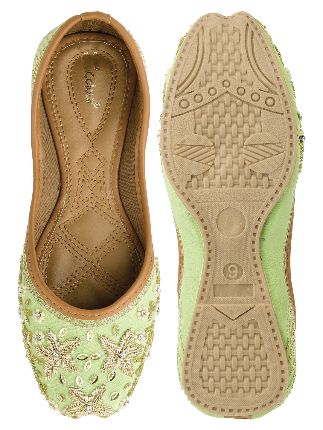 Desi Colour Women Indian Ethnic Footwear-Sea Green Dabka Flower | Grocsy