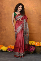 Very Much Indian Designed By VMI - Handloom Pure Tussar Silk Saree With Beautiful Madhubani Print - Red | Grocsy