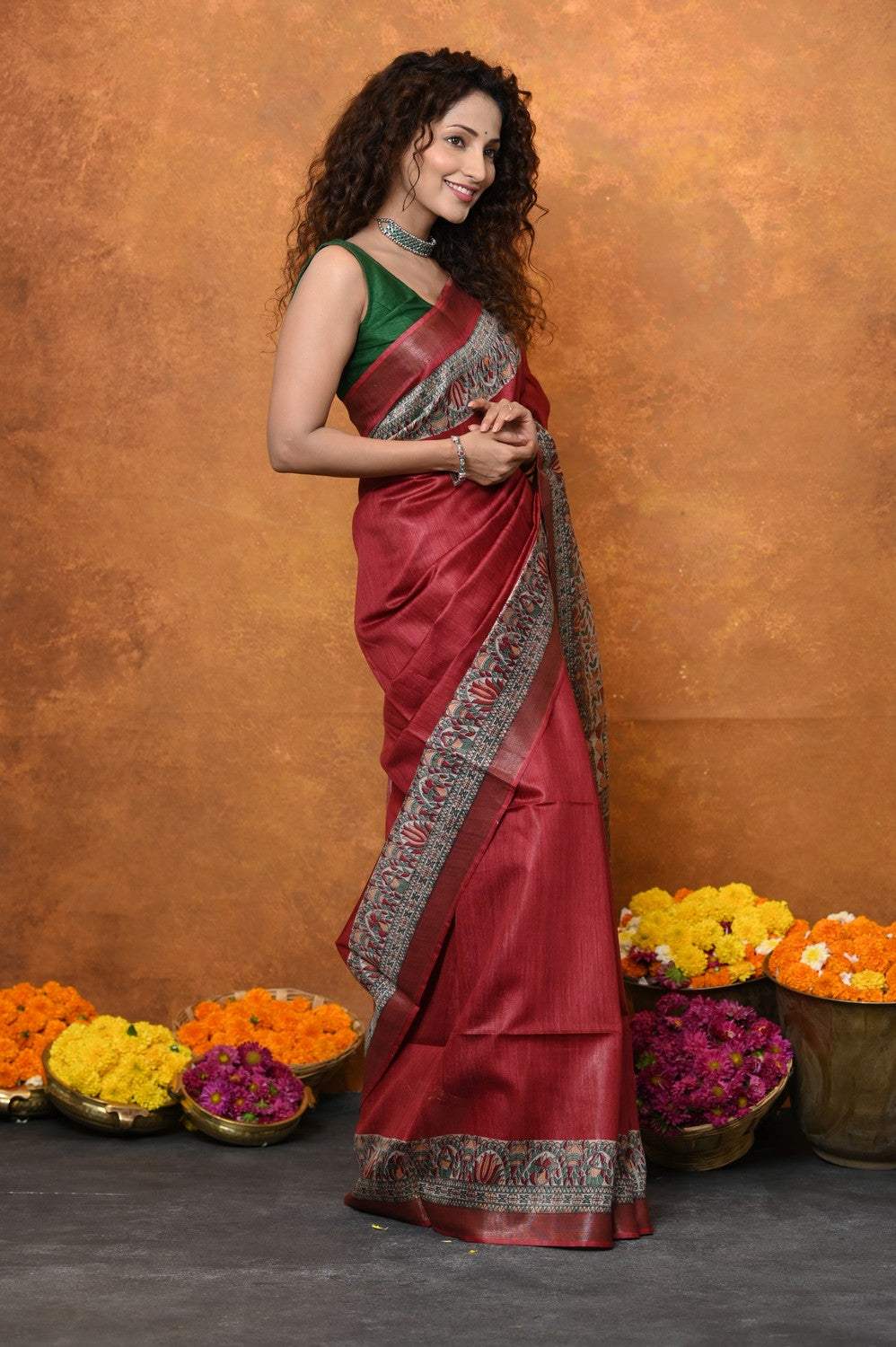 Very Much Indian Designed By VMI - Handloom Pure Tussar Silk Saree With Beautiful Madhubani Print - Red | Grocsy