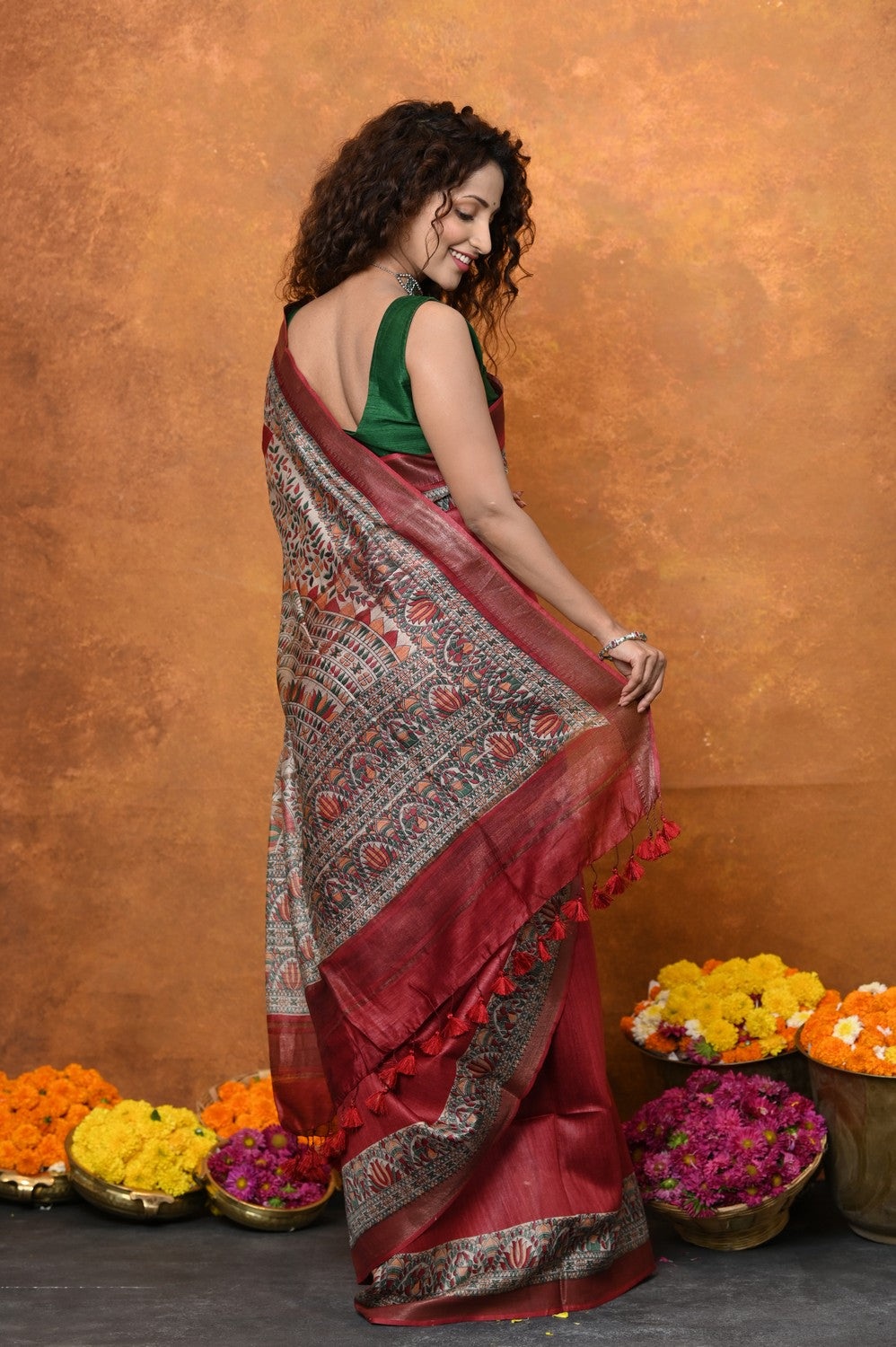 Very Much Indian Designed By VMI - Handloom Pure Tussar Silk Saree With Beautiful Madhubani Print - Red | Grocsy