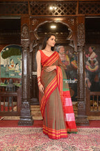 Very Much Indian Handloom Cotton Viscose Ilkal Saree With Pure Resham Pallu - Bright Dual Tone Red Green With Red Border | Grocsy