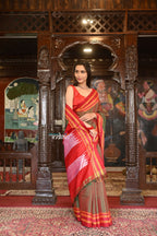 Very Much Indian Handloom Cotton Viscose Ilkal Saree With Pure Resham Pallu - Bright Dual Tone Red Green With Red Border | Grocsy