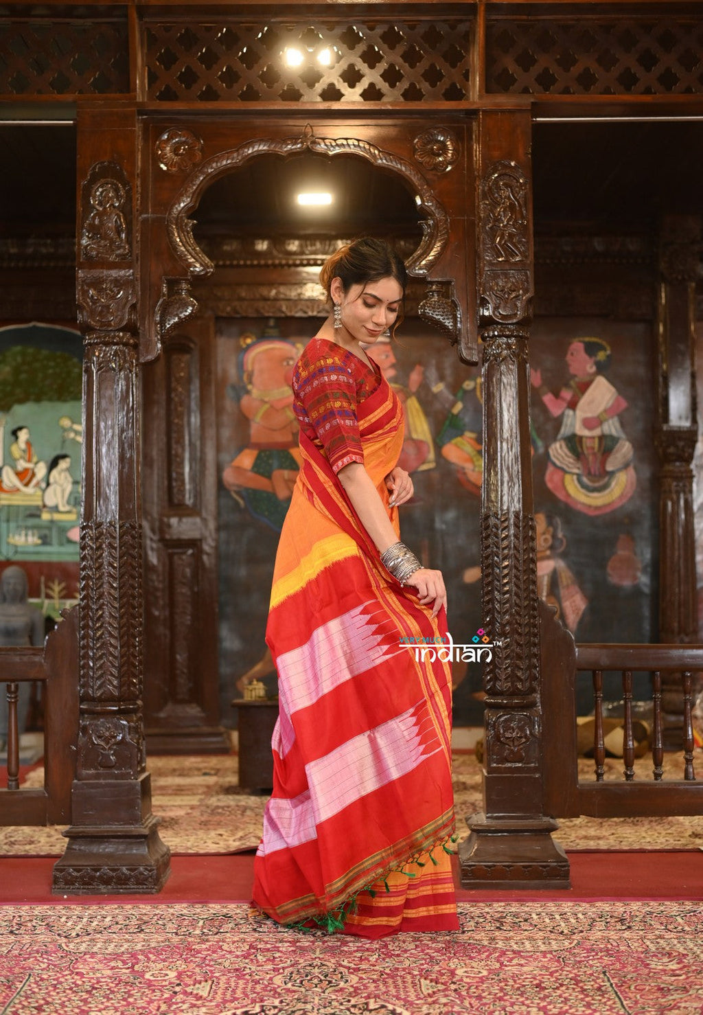 Very Much Indian Handloom Cotton Viscose Ilkal Saree With Pure Resham Pallu - Bright Mustard Yellow With Red Border | Grocsy