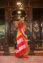 Very Much Indian Handloom Cotton Viscose Ilkal Saree With Pure Resham Pallu - Bright Mustard Yellow With Red Border | Grocsy