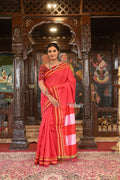 Very Much Indian Handloom Cotton Viscose Ilkal Saree With Pure Resham Pallu - Bright Red With Red Border | Grocsy