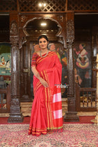 Very Much Indian Handloom Cotton Viscose Ilkal Saree With Pure Resham Pallu - Bright Red With Red Border | Grocsy