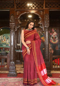 Very Much Indian Handloom Cotton Viscose Ilkal Saree With Pure Resham Pallu - Bright Maroon With Red Border | Grocsy