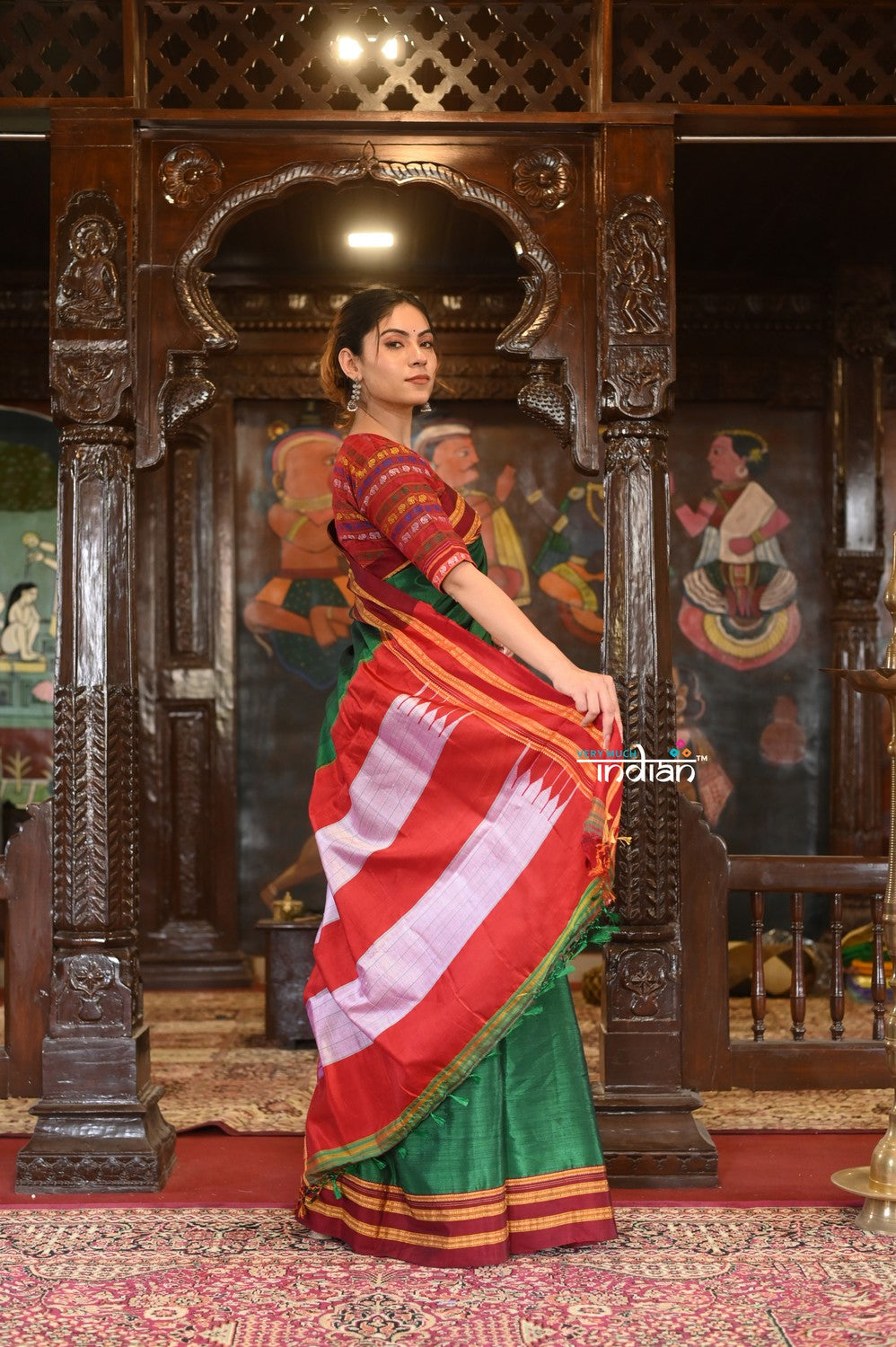 Very Much Indian Handloom Cotton Viscose Ilkal Saree With Pure Resham Pallu - Bright Green With Red Border | Grocsy