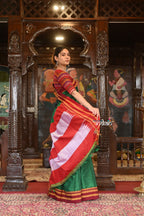Very Much Indian Handloom Cotton Viscose Ilkal Saree With Pure Resham Pallu - Bright Green With Red Border | Grocsy