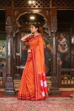 Very Much Indian Handloom Cotton Viscose Ilkal Saree With Pure Resham Pallu - Bright Orange With Red Border | Grocsy