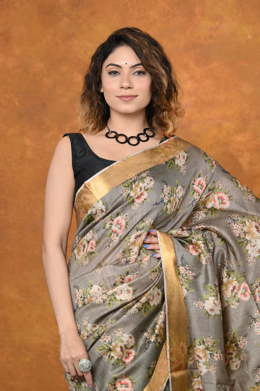 Very Much Indian Designed By VMI - Handloom Moonga Tussar Silk Saree With Digital Floral Print | Grocsy
