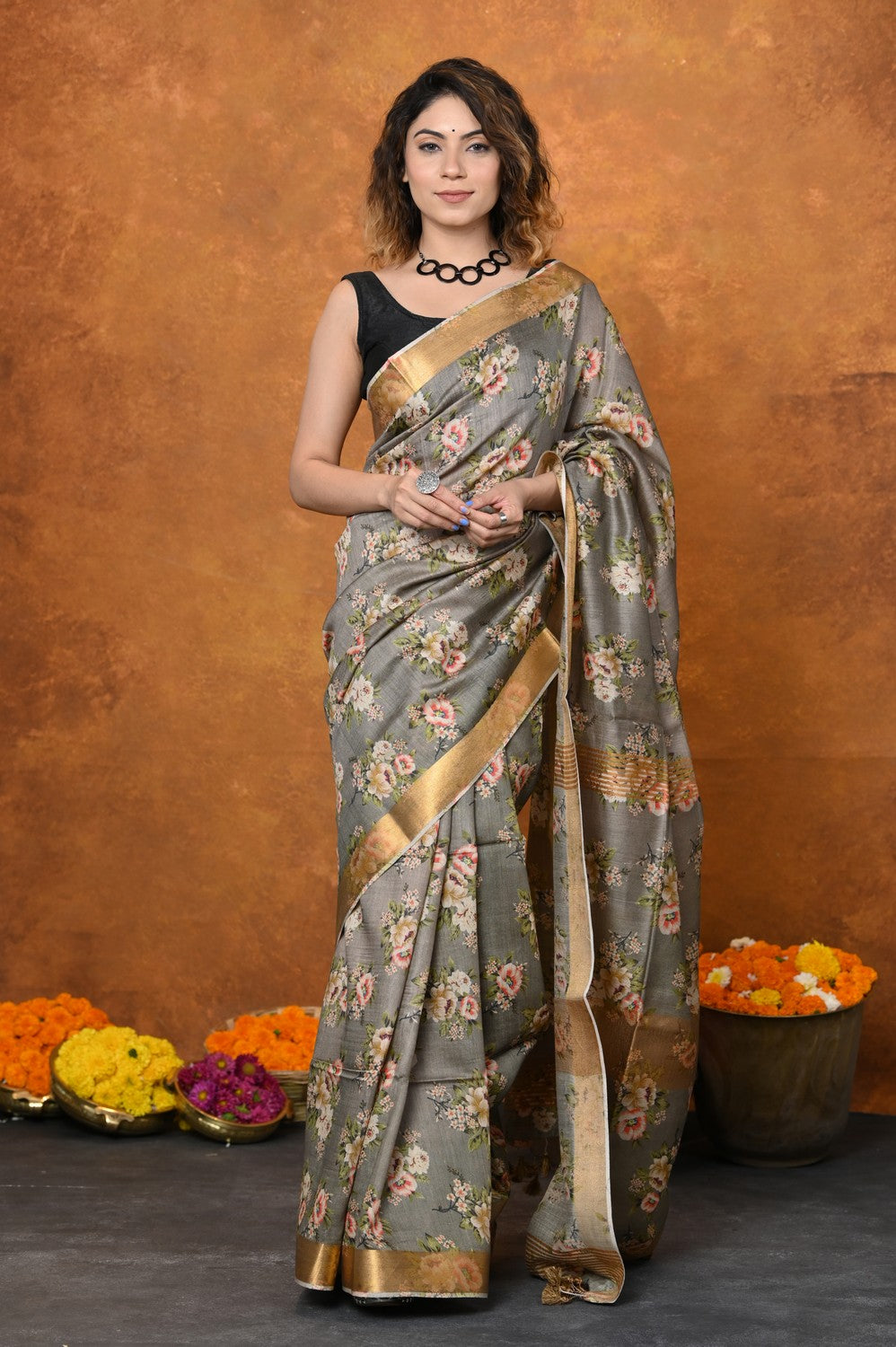 Very Much Indian Designed By VMI - Handloom Moonga Tussar Silk Saree With Digital Floral Print | Grocsy