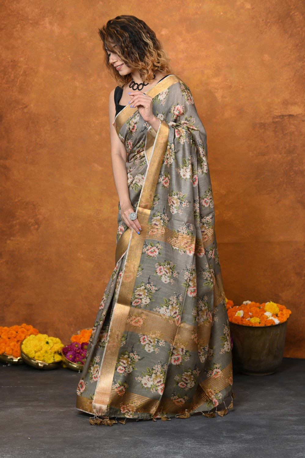 Very Much Indian Designed By VMI - Handloom Moonga Tussar Silk Saree With Digital Floral Print | Grocsy