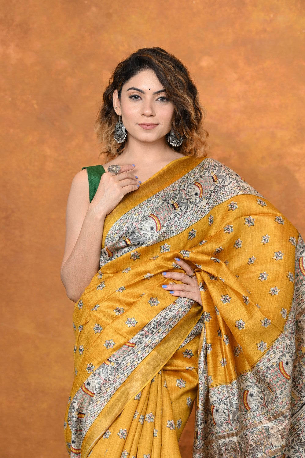 Very Much Indian Designed By VMI - Handloom Pure Tussar Silk Saree With Beautiful Madhubani Print - Yellow | Grocsy