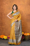Very Much Indian Designed By VMI - Handloom Pure Tussar Silk Saree With Beautiful Madhubani Print - Yellow | Grocsy