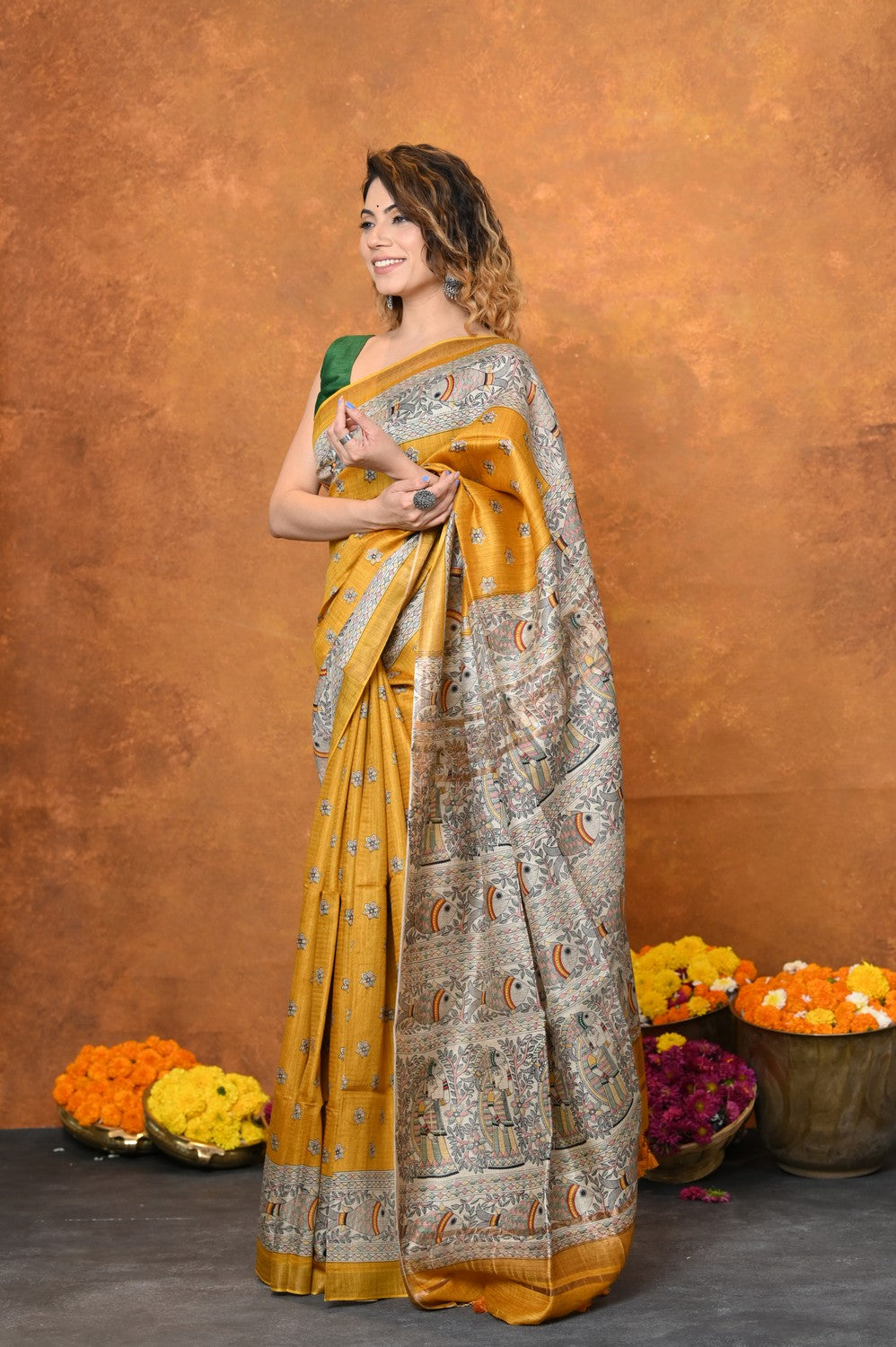 Very Much Indian Designed By VMI - Handloom Pure Tussar Silk Saree With Beautiful Madhubani Print - Yellow | Grocsy