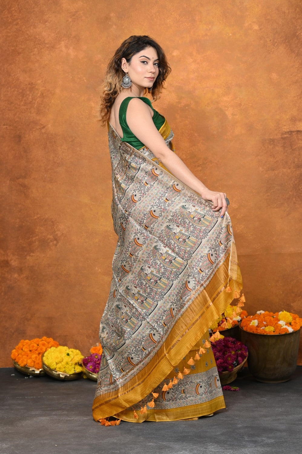 Very Much Indian Designed By VMI - Handloom Pure Tussar Silk Saree With Beautiful Madhubani Print - Yellow | Grocsy