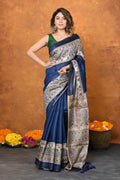 Very Much Indian Designed By VMI - Handloom Pure Tussar Silk Saree With Beautiful Madhubani Print - Blue | Grocsy