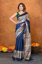 Very Much Indian Designed By VMI - Handloom Pure Tussar Silk Saree With Beautiful Madhubani Print - Blue | Grocsy